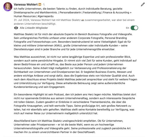 Bewertung von vanessa wohlert auf linkedin